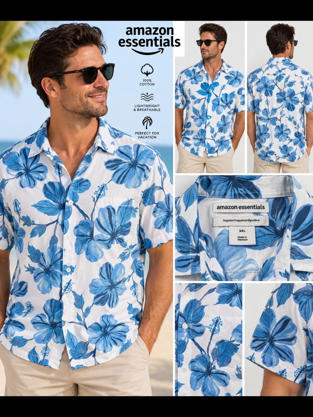 Amazon Essentials Men’s White Button-Down Shirt with Blue Floral Print